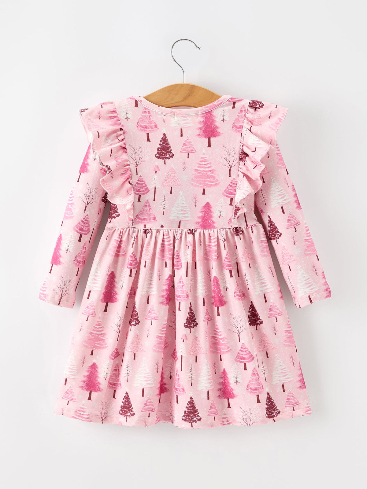 Christmas Tree Print Girls Pink Ruffle Long Sleeve Dress Rylee Faith Designs