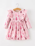 Christmas Tree Print Girls Pink Ruffle Long Sleeve Dress Rylee Faith Designs