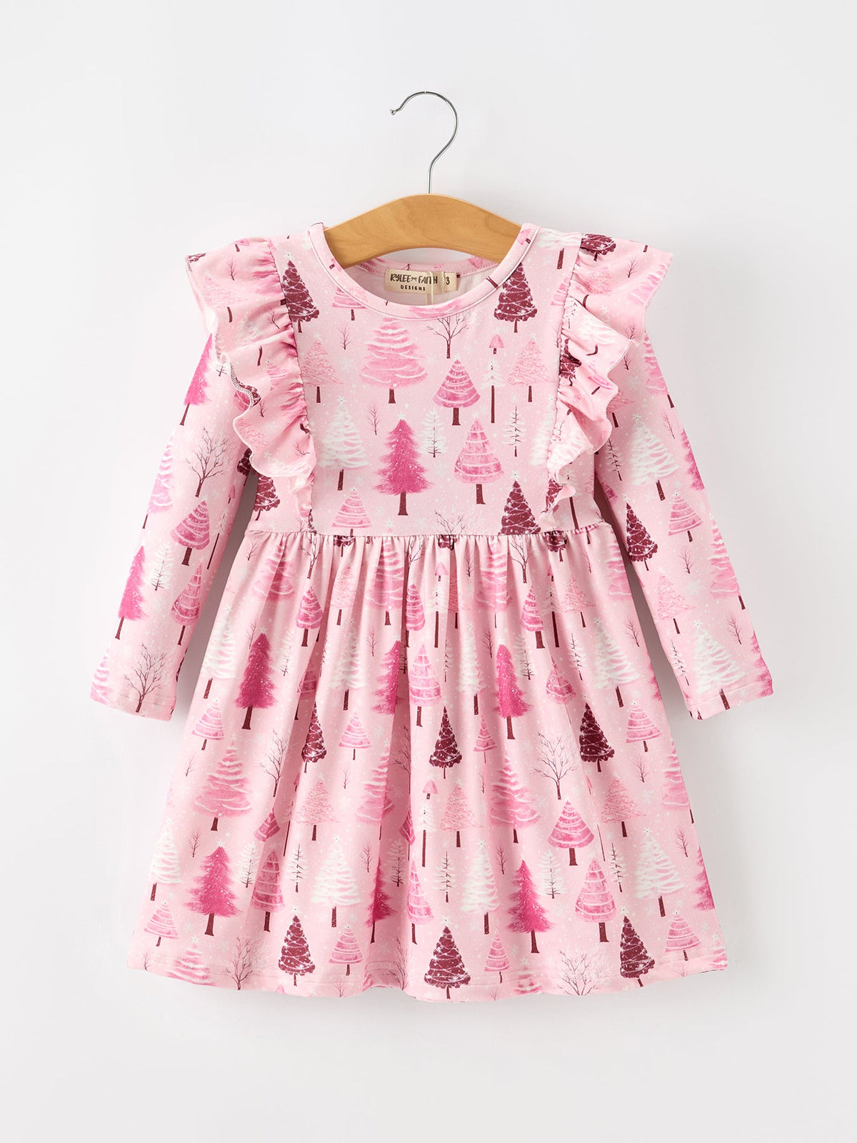 Christmas Tree Print Girls Pink Ruffle Long Sleeve Dress Rylee Faith Designs