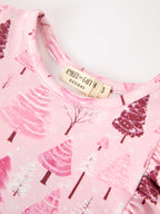 Christmas Tree Print Girls Pink Ruffle Long Sleeve Dress Rylee Faith Designs
