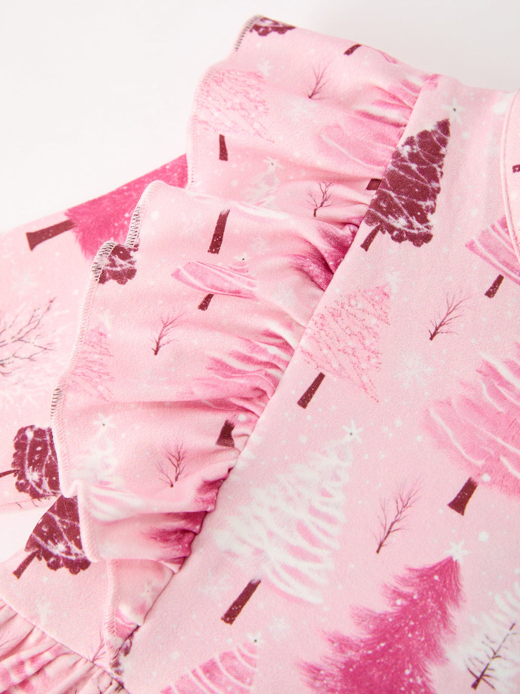 Christmas Tree Print Girls Pink Ruffle Long Sleeve Dress Rylee Faith Designs