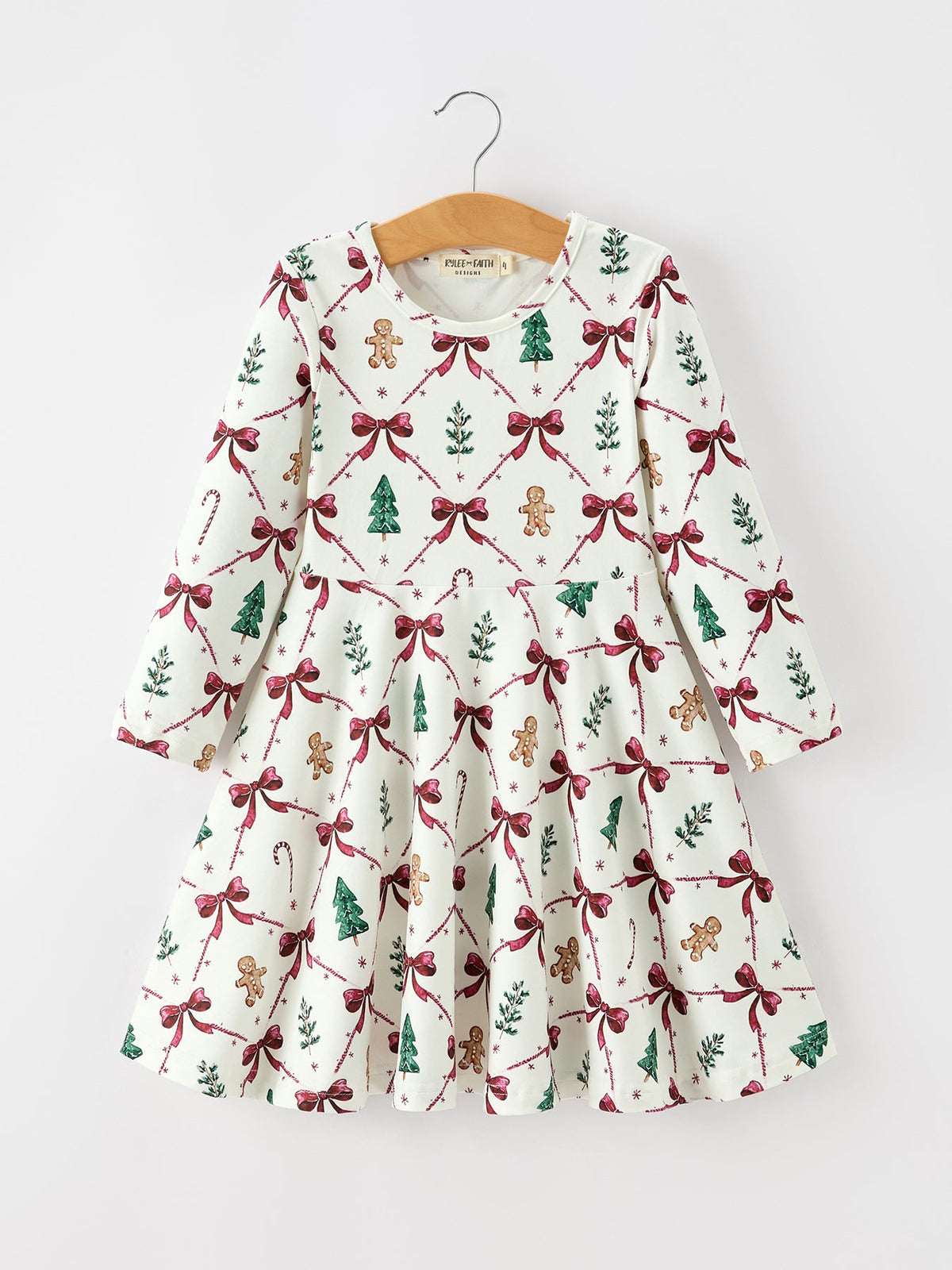 Christmas Bow and Gingerbread Print Girls Twirl Dress Rylee Faith Designs