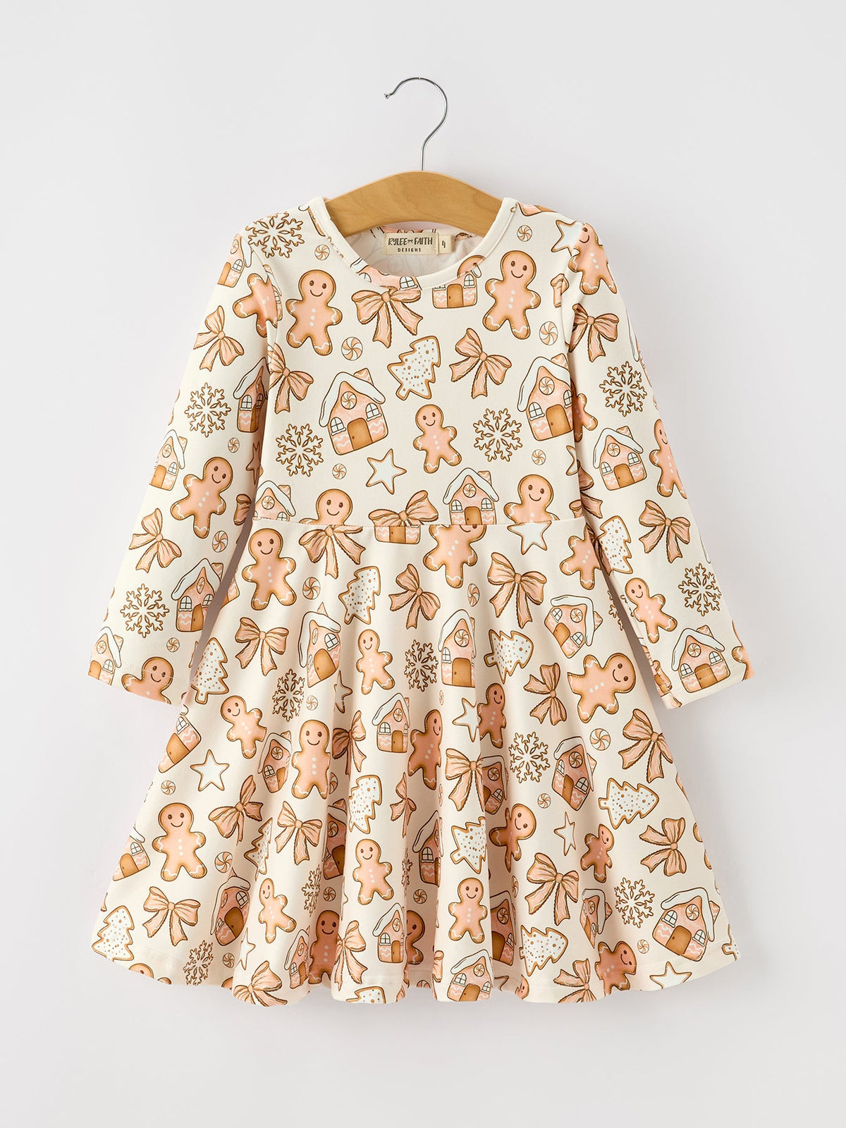 Christmas Gingerbread Cookie Girls Long Sleeve Twirl Dress Rylee Faith Designs