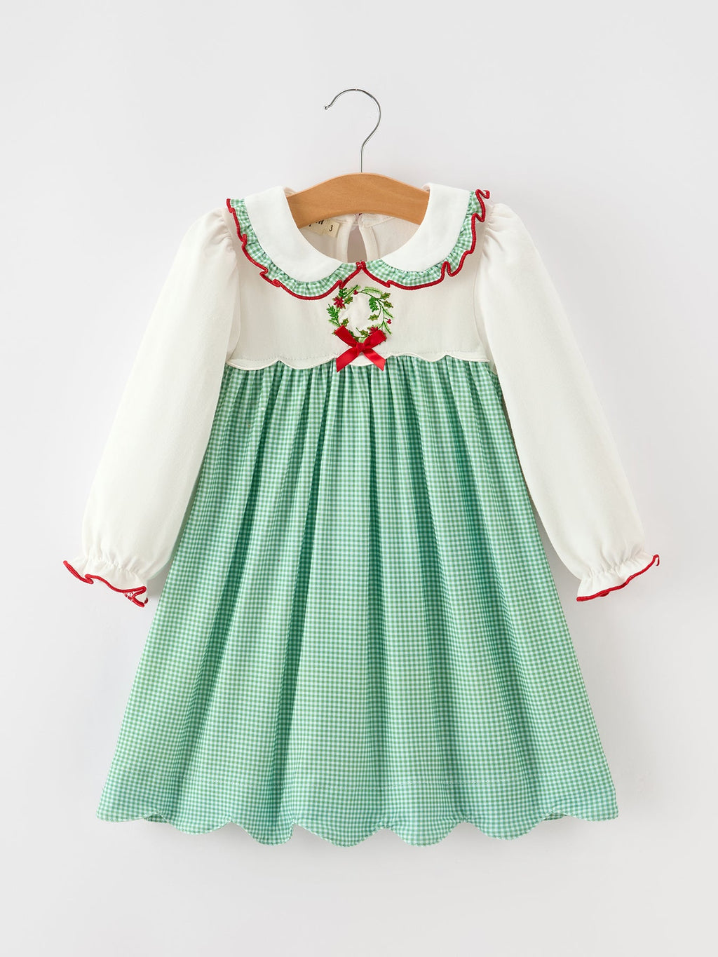 Girls Christmas Green Plaid Embroidered Long Sleeve Dress Rylee Faith Designs