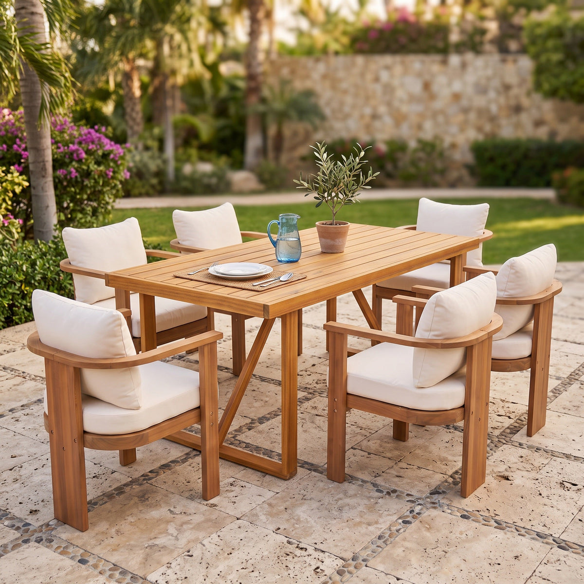 7-Piece Acacia Wood Outdoor Dining Set with Cushioned Arm Chairs - Teak Finish HouseOfZazla