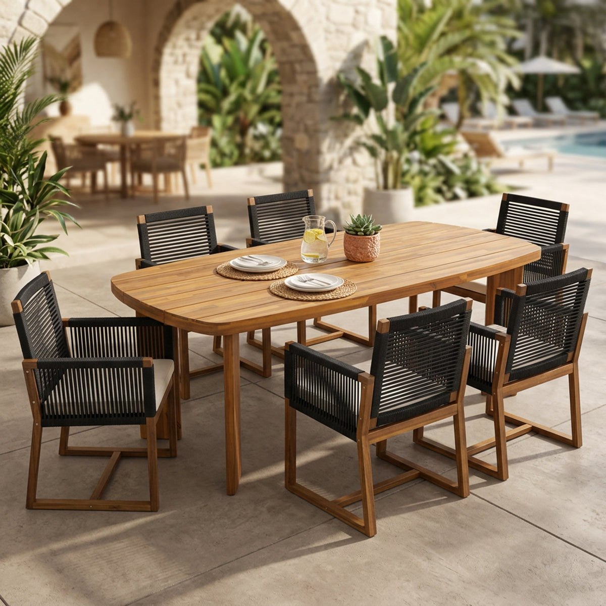 7-Piece Acacia Wood Outdoor Dining Set with Cushioned Arm Chairs - Teak Finish HouseOfZazla