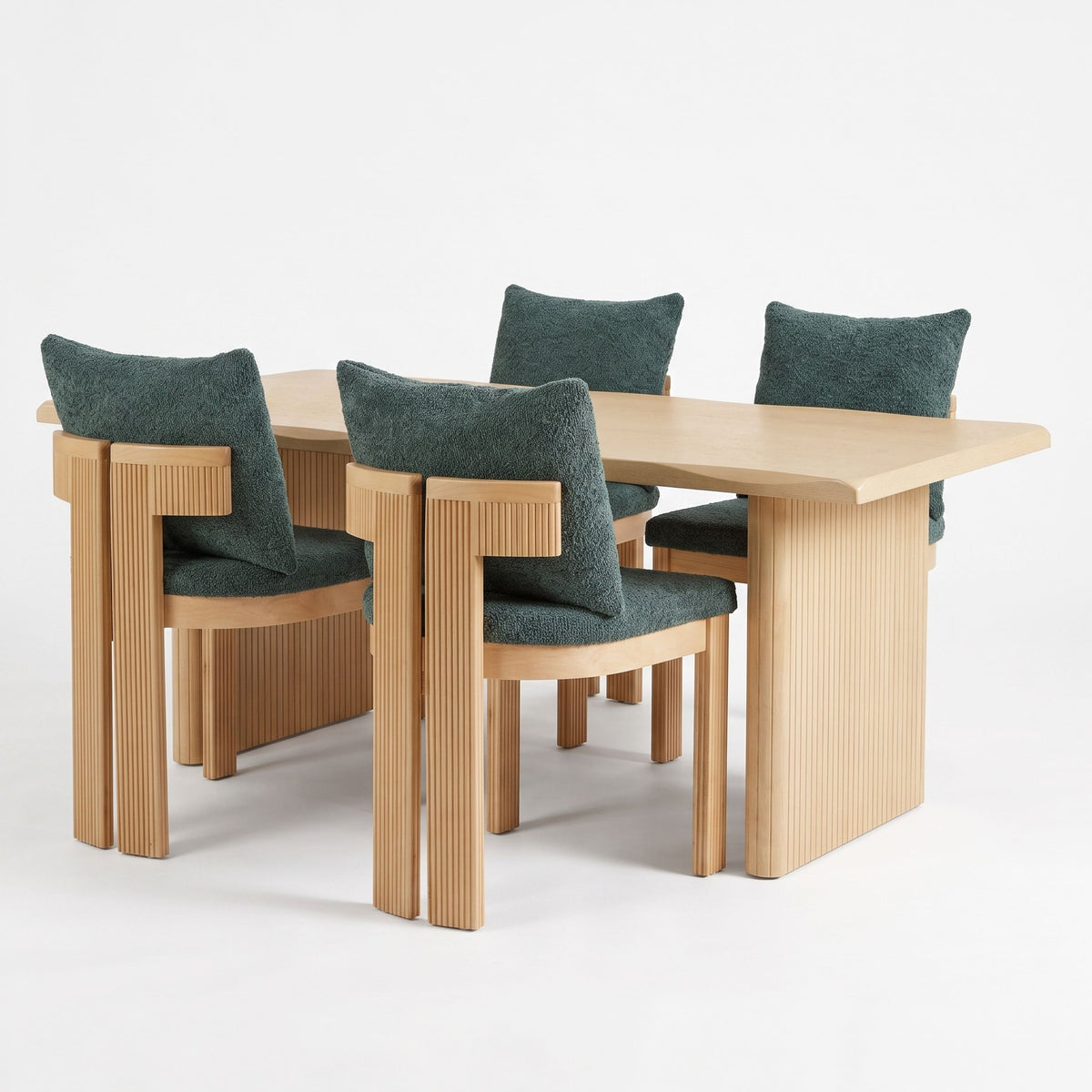 5-Piece Indoor Dining Set with Fluted Wood Table - Green Boucle HouseOfZazla