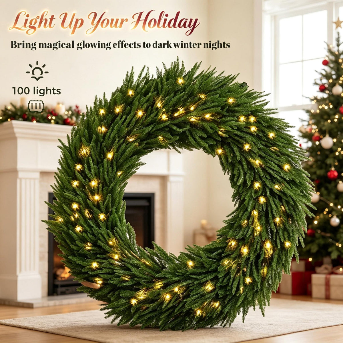 36-Inch Pre-Lit Christmas Wreath with Warm White Lights - Green HouseOfZazla