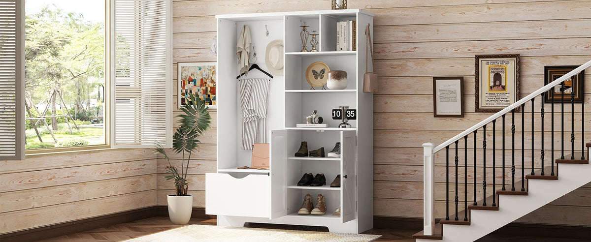 Multi-functional Hall Tree with Storage Shelves Drawers Cabinet Elegant Hallway Shoe Cabinet with Bench Modern Coat Rack White V.I.P Digital Presence