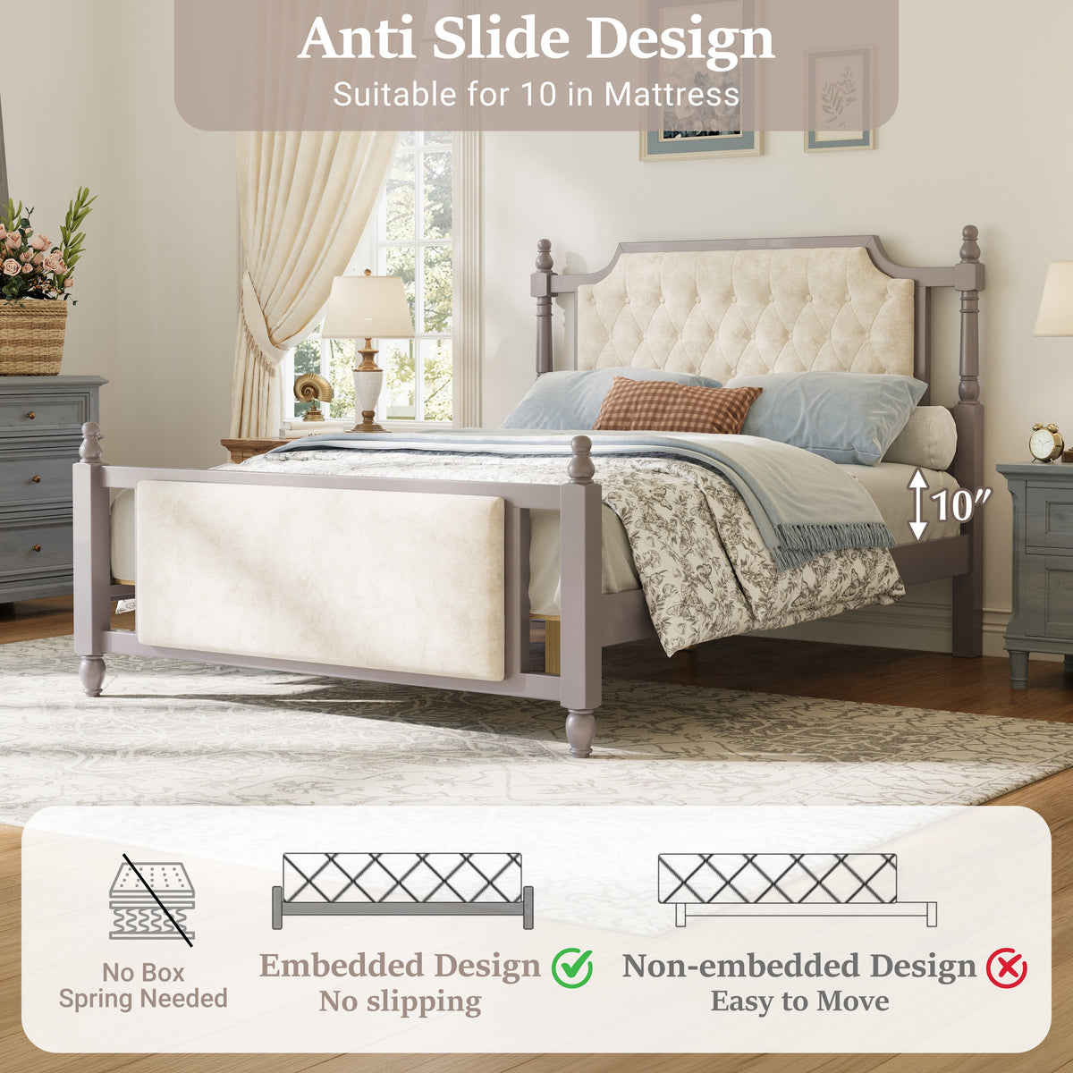 Queen Size Upholstered Platform Bed with Button Tufted Velvet Headboard - Taupe or Brown HouseOfZazla