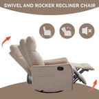 Heat Massage Manual Recliner Chair with Rocker and Swivel in Fabric for Living Room, Khaki