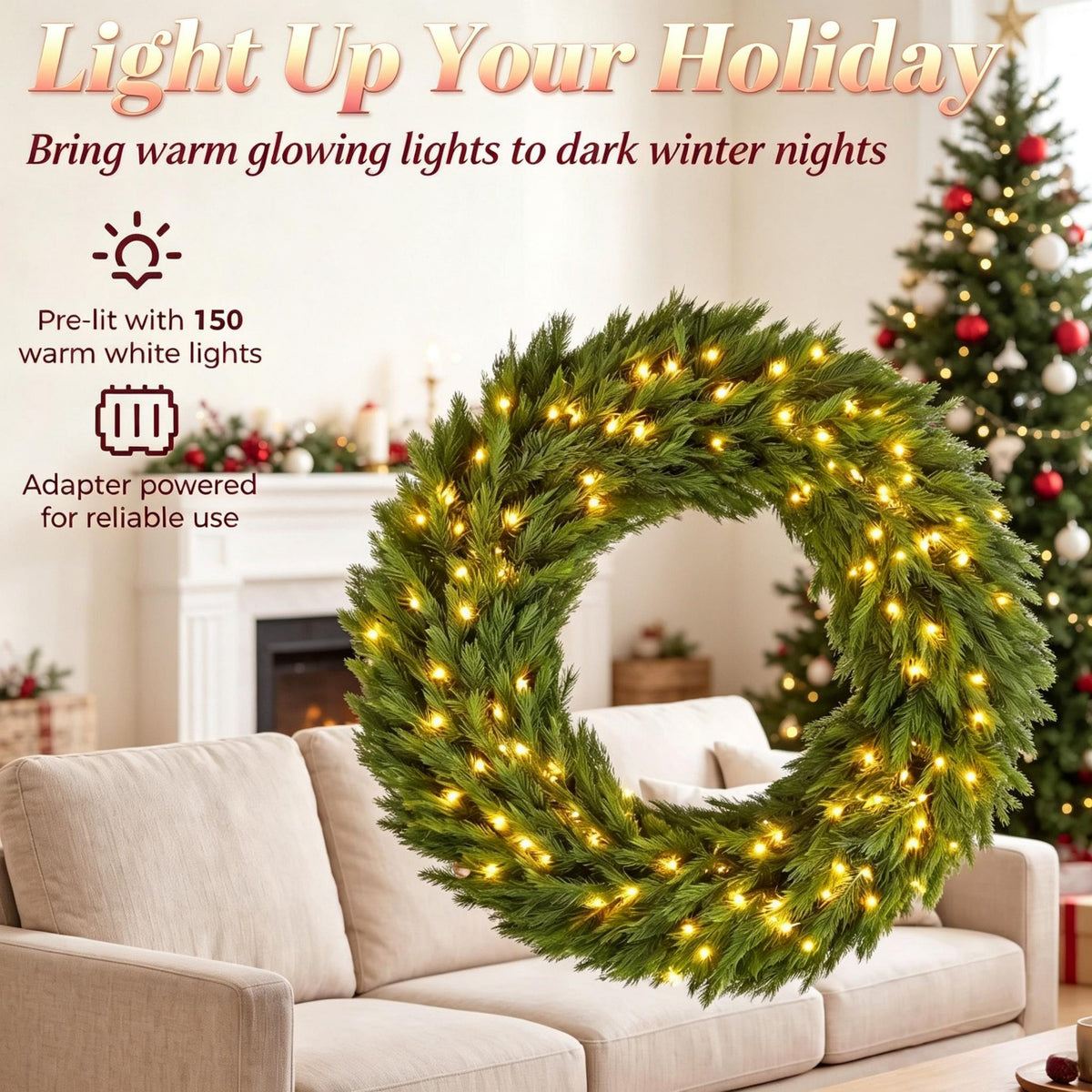 48in Pre-Lit Norwegian Spruce Christmas Wreath with 150 LED Lights - Green HouseOfZazla