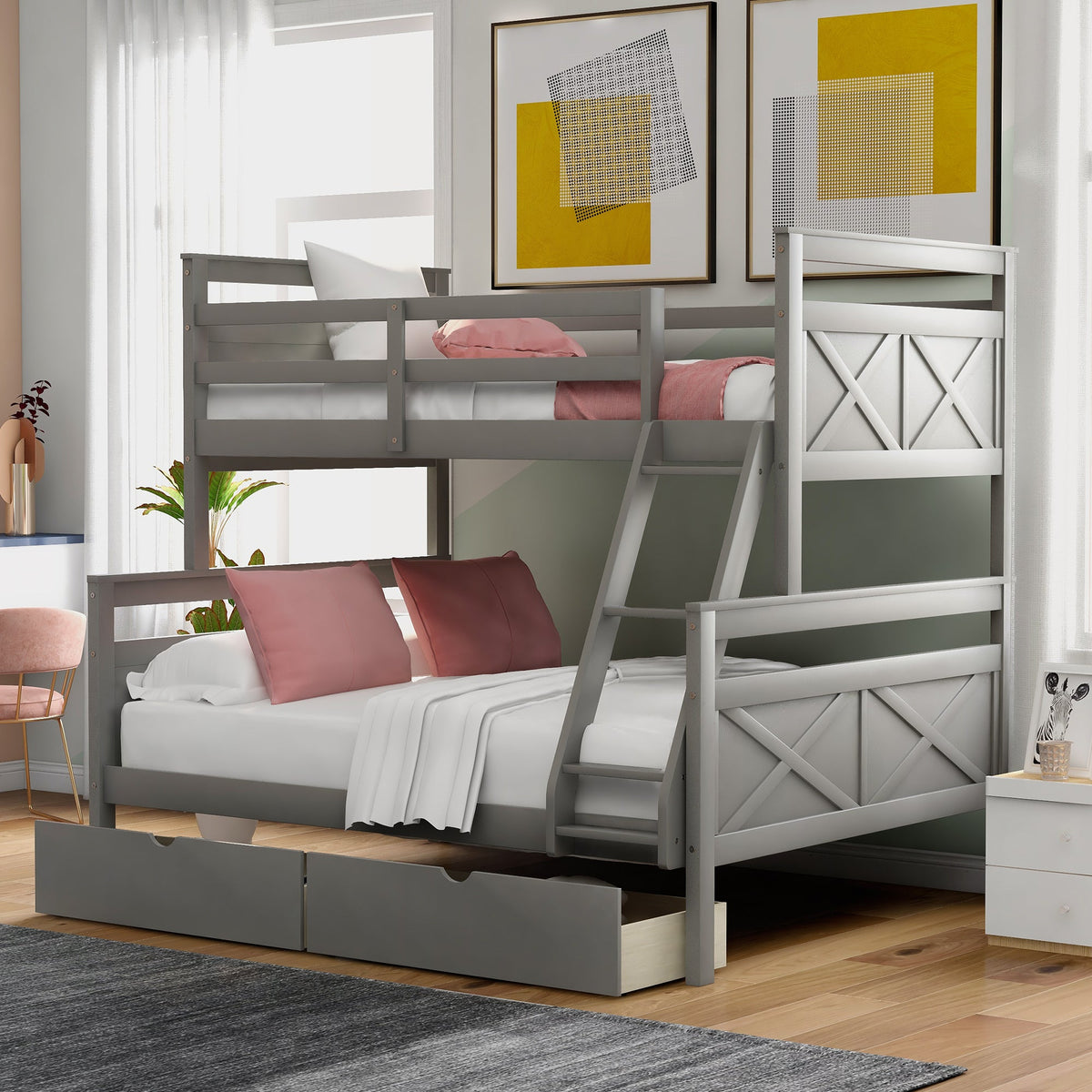 Twin over Full Bunk Bed with Ladder Two Storage Drawers  Safety Guardrail  Gray V.I.P Digital Presence