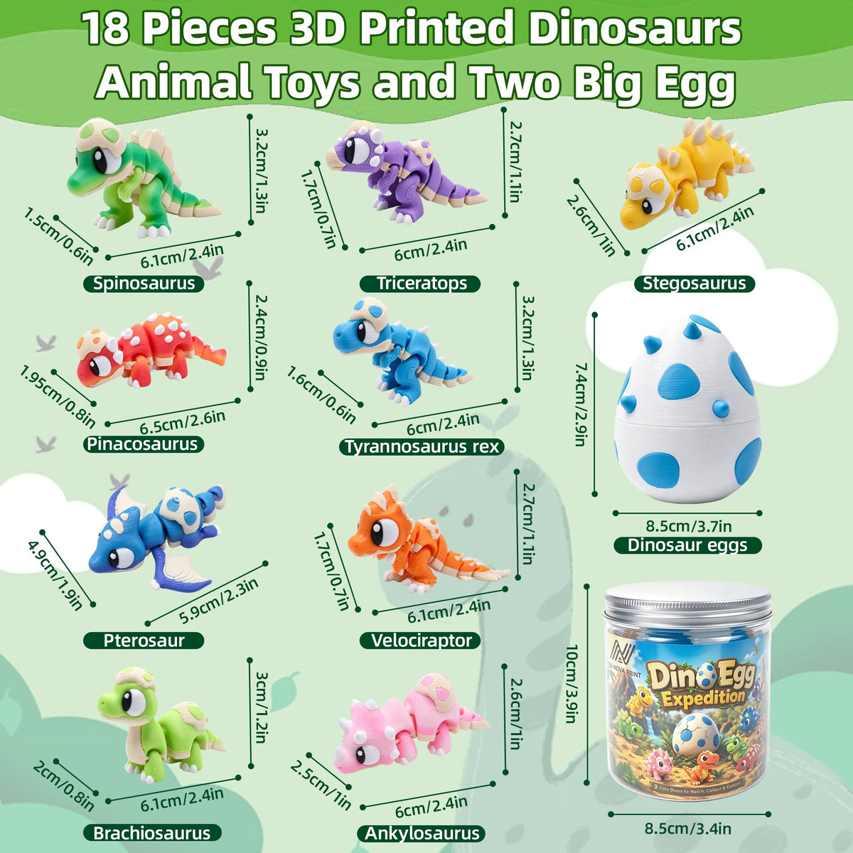 18 Mini Dinosaur Figures  2 Eggs, 2-Box 3D Printed Dinosaur Set