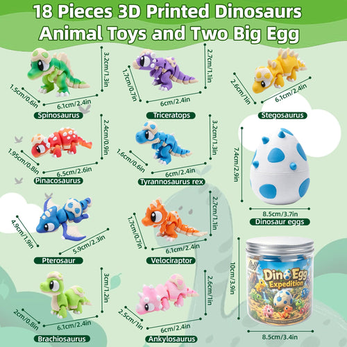 18 Mini Dinosaur Figures  2 Eggs, 2-Box 3D Printed Dinosaur Set