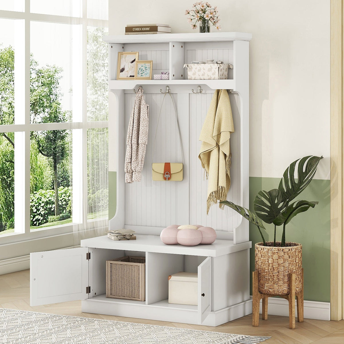 Hall Tree with Storage Shoe Bench for Entryway and Hallway, 4-in-1 Design Coat Racks with 4 Hooks for Living Room, White V.I.P Digital Presence