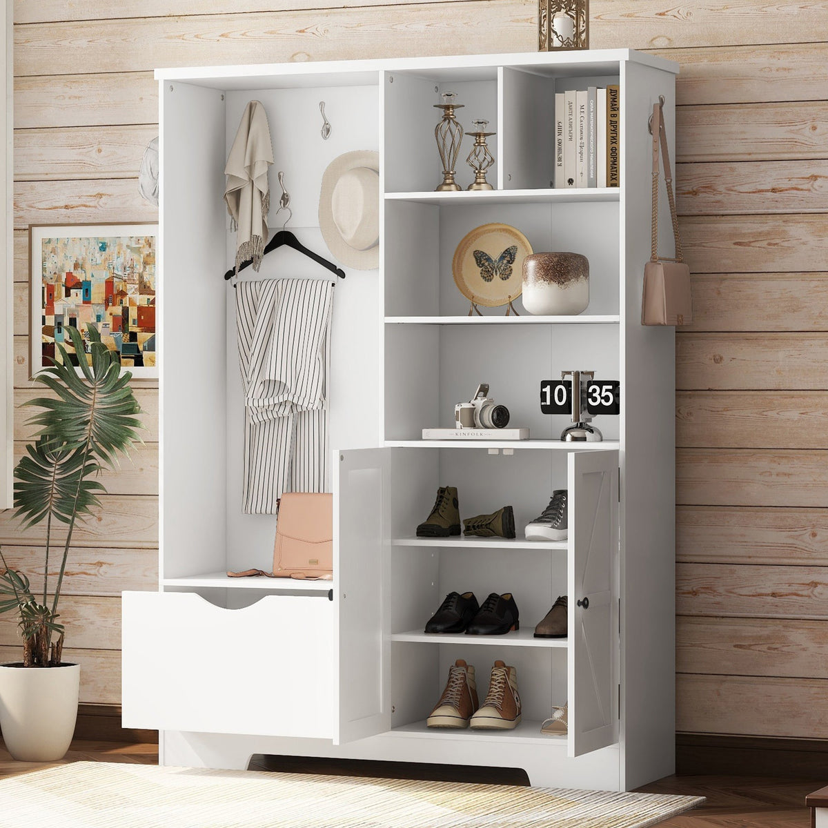 Multi-functional Hall Tree with Storage Shelves Drawers Cabinet Elegant Hallway Shoe Cabinet with Bench Modern Coat Rack White V.I.P Digital Presence