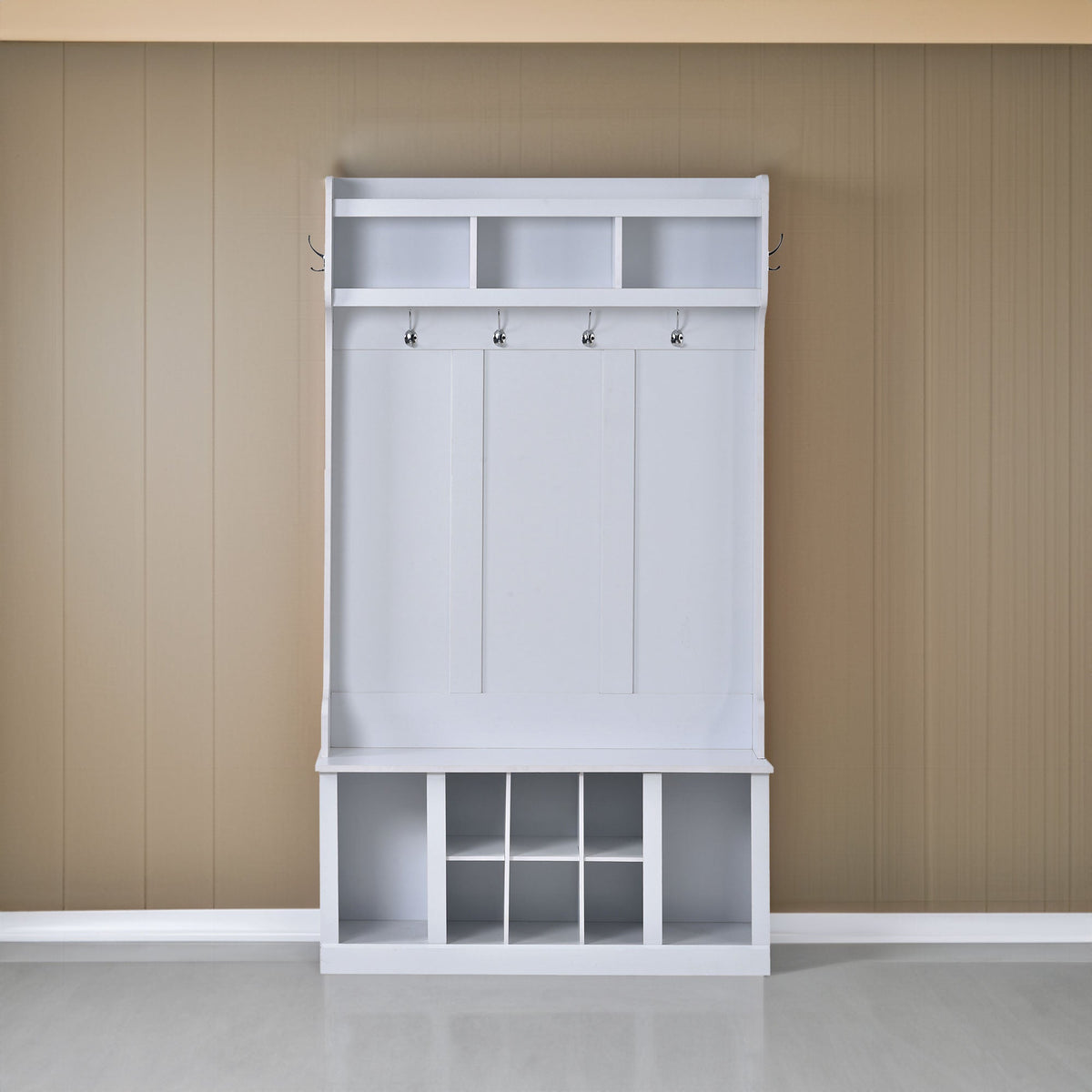 U-Can Hall Tree with 6 Hooks  Coat Hanger Entryway Bench Storage Bench (White) V.I.P Digital Presence