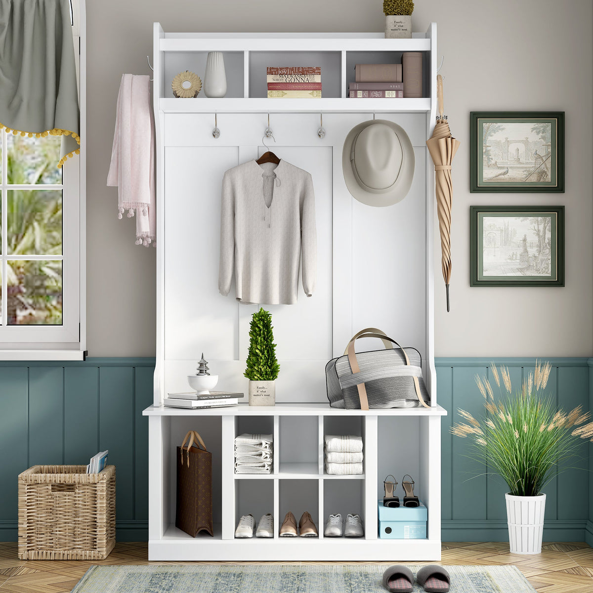 U-Can Hall Tree with 6 Hooks  Coat Hanger Entryway Bench Storage Bench (White) V.I.P Digital Presence