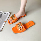 Women Sandals Design Gold Chain Closed Toe Slip On Mules Shoes Flat Heels Square Head Casual Slides Summer Slippers Open Toe Flat Sandals Metal Chain PU Leather Slides Shoes
