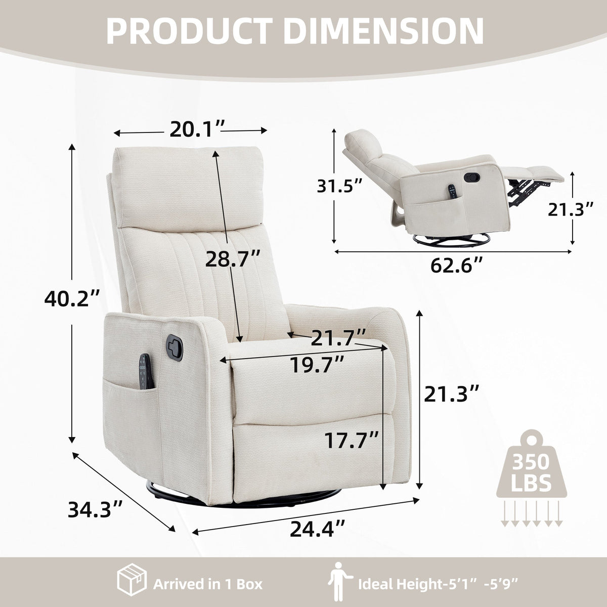 Beige Heat Massage Manual Recliner Chair with Rocker and Swivel - Beige HouseOfZazla