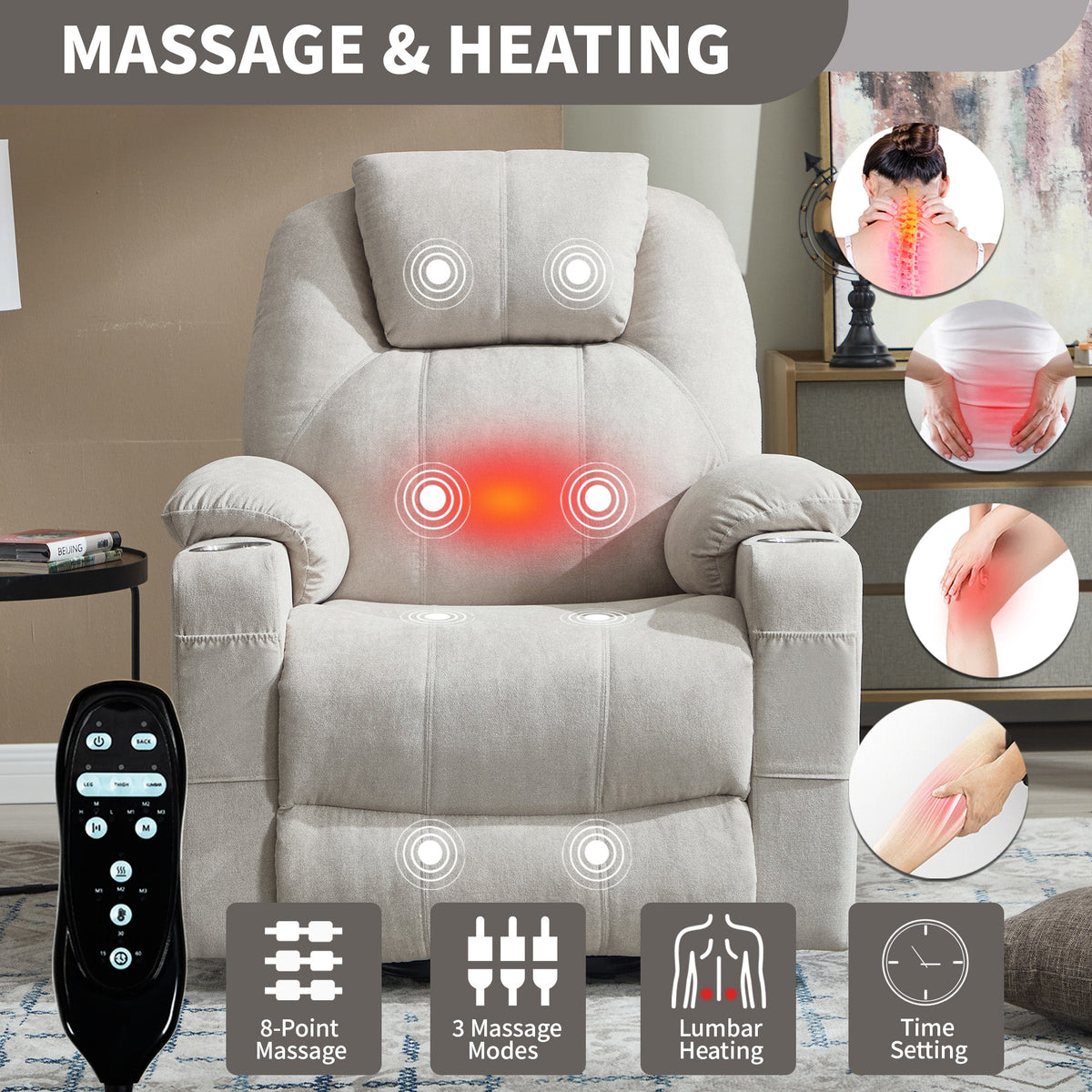 Power Lift Recliner Chair with Massage & Heating - Polyester HouseOfZazla
