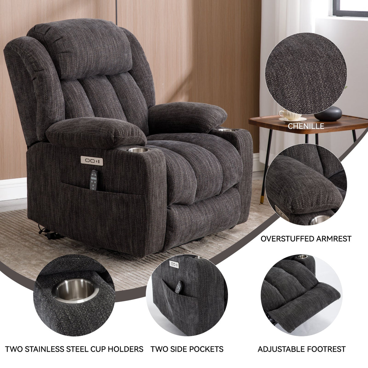 Chenille Power Lift Recliner Chair with Massage & Heating - Soft Chenille HouseOfZazla