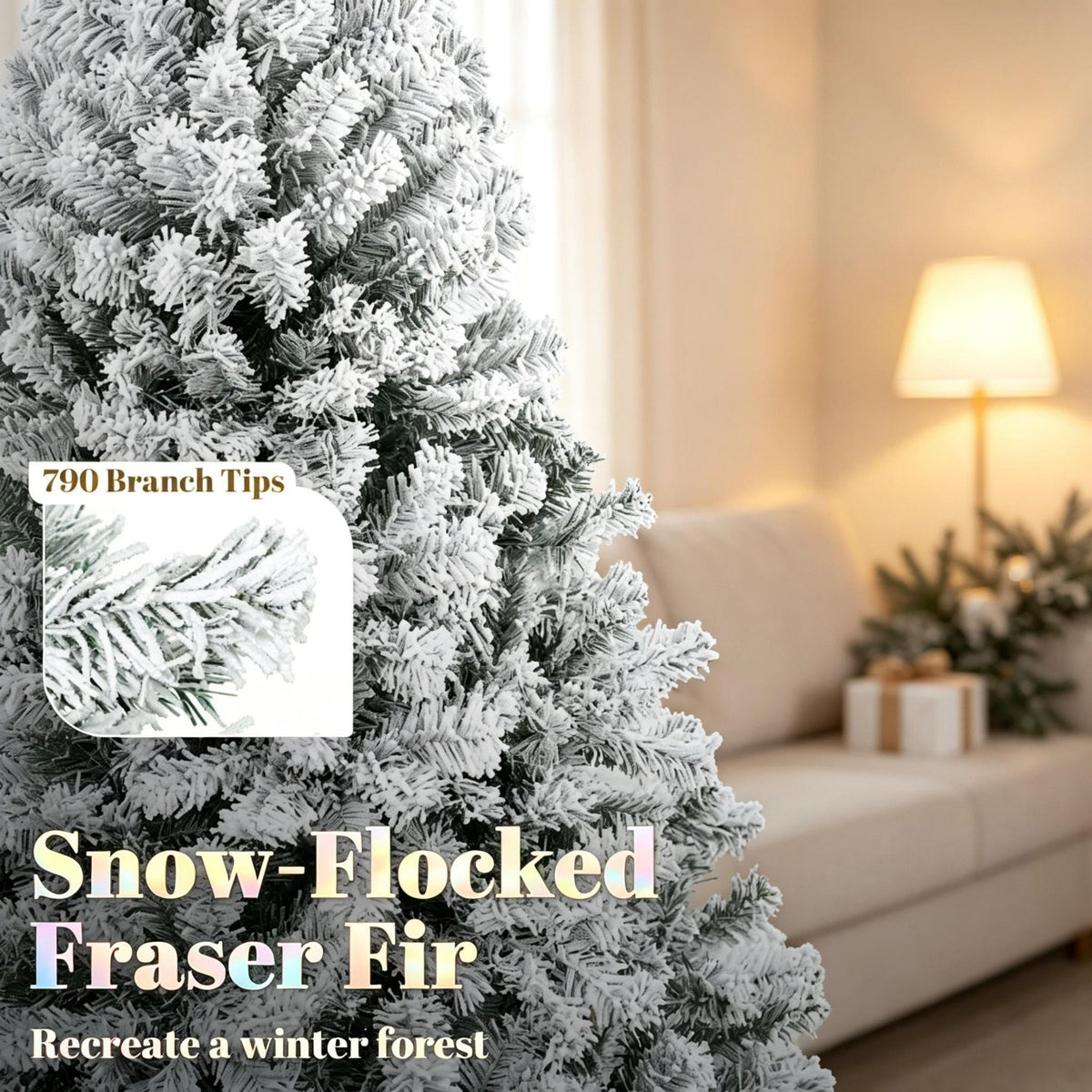 6 Ft Pre-Lit Flocked Fraser Fir Artificial Christmas Tree with Warm White LEDs - Snowy Flocked Finish HouseOfZazla