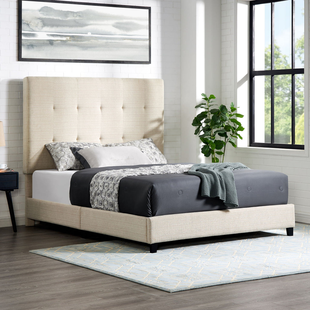 Tufted Upholstered Headboard Platform Bed with Padded Headboard - Queen, Beige or Dark Green HouseOfZazla