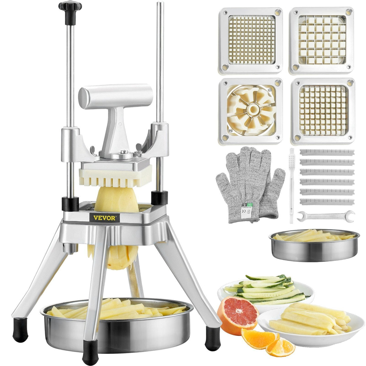 Commercial Vegetable Fruit Chopper, Stainless Steel French Fry Cutter with 4 Blades 1/4" 3/8" 1/2", 6-wedge Slicer, Chopper Dicer with Tray, Heavy Duty Cutter for Potato Tomato Onion Mushroom American Smart