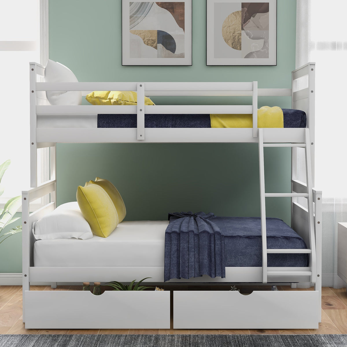 Twin over Full Bunk Bed with Ladder, Two Storage Drawers, Safety Guardrail  White V.I.P Digital Presence