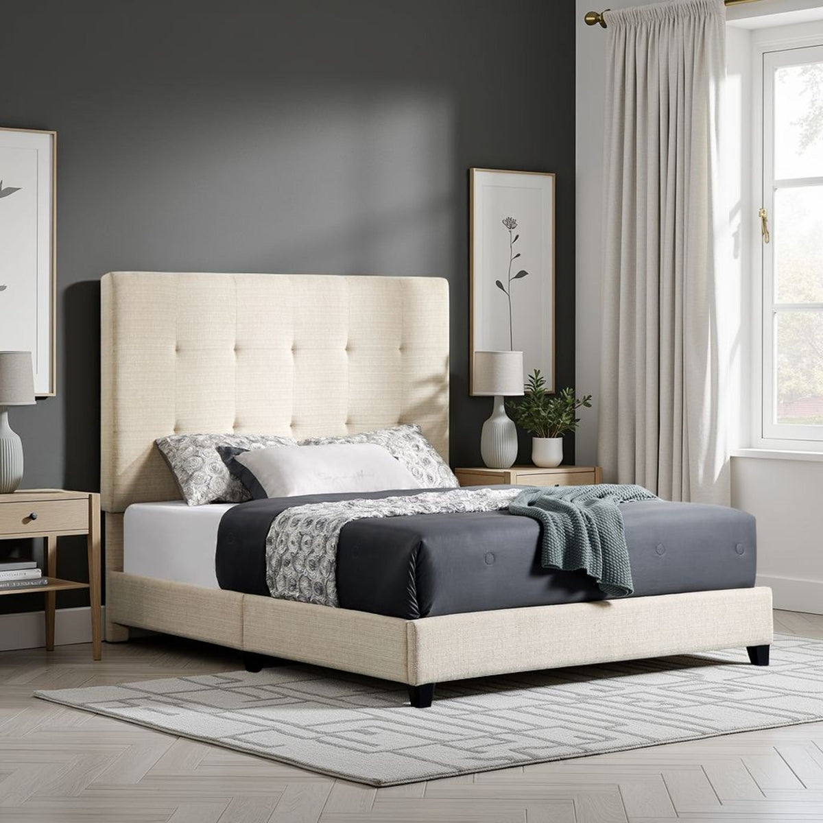 Tufted Upholstered Headboard Platform Bed with Padded Headboard - Queen, Beige or Dark Green HouseOfZazla