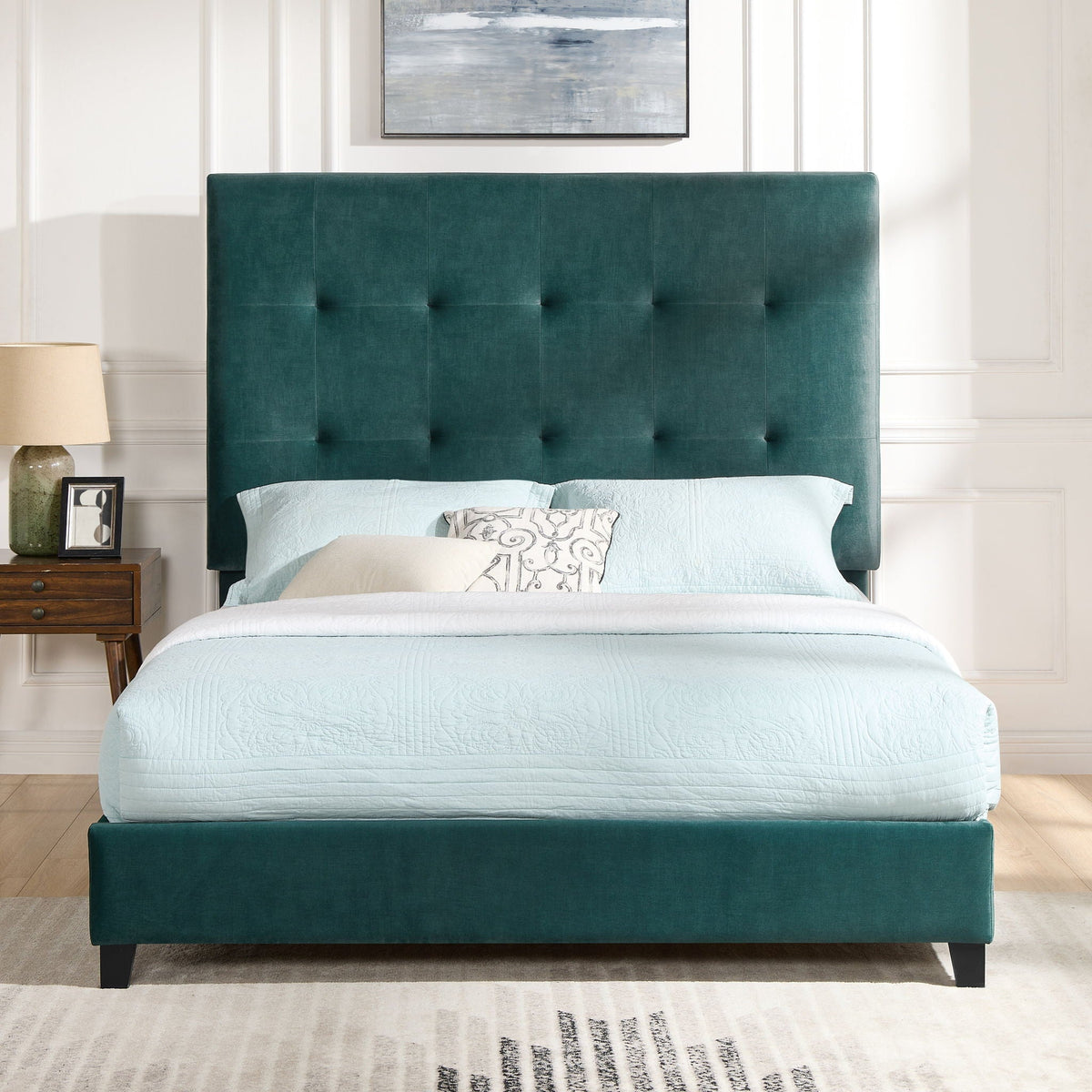 Tufted Upholstered Headboard Platform Bed with Padded Headboard - Queen, Beige or Dark Green HouseOfZazla
