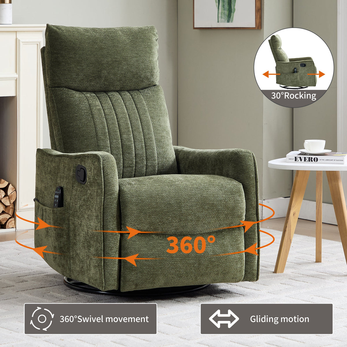Green Heat Massage Manual Recliner Chair with Swivel and Massage - Chenille HouseOfZazla
