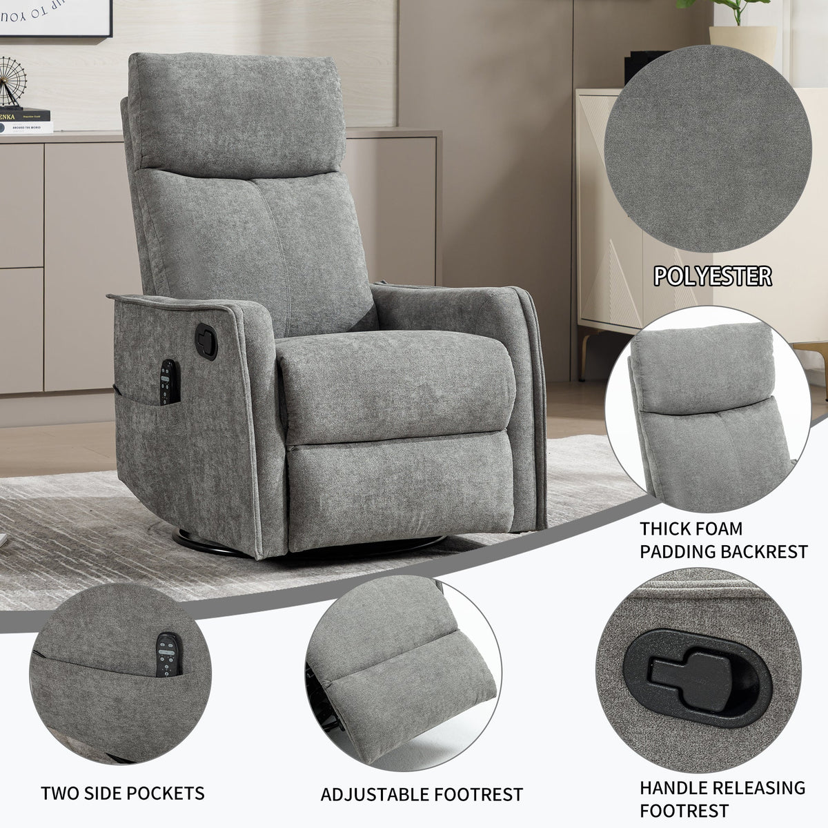 Heat Massage Manual Recliner Chair with Swivel and Rocker - Multi-Function, Metal Base HouseOfZazla