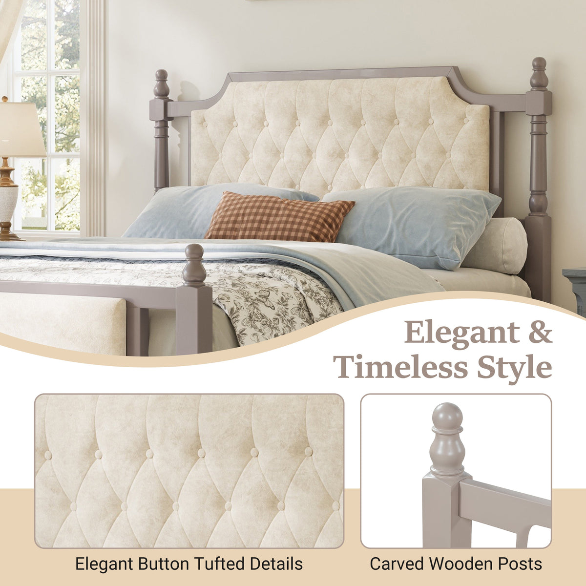 Queen Size Upholstered Platform Bed with Button Tufted Velvet Headboard - Taupe or Brown HouseOfZazla