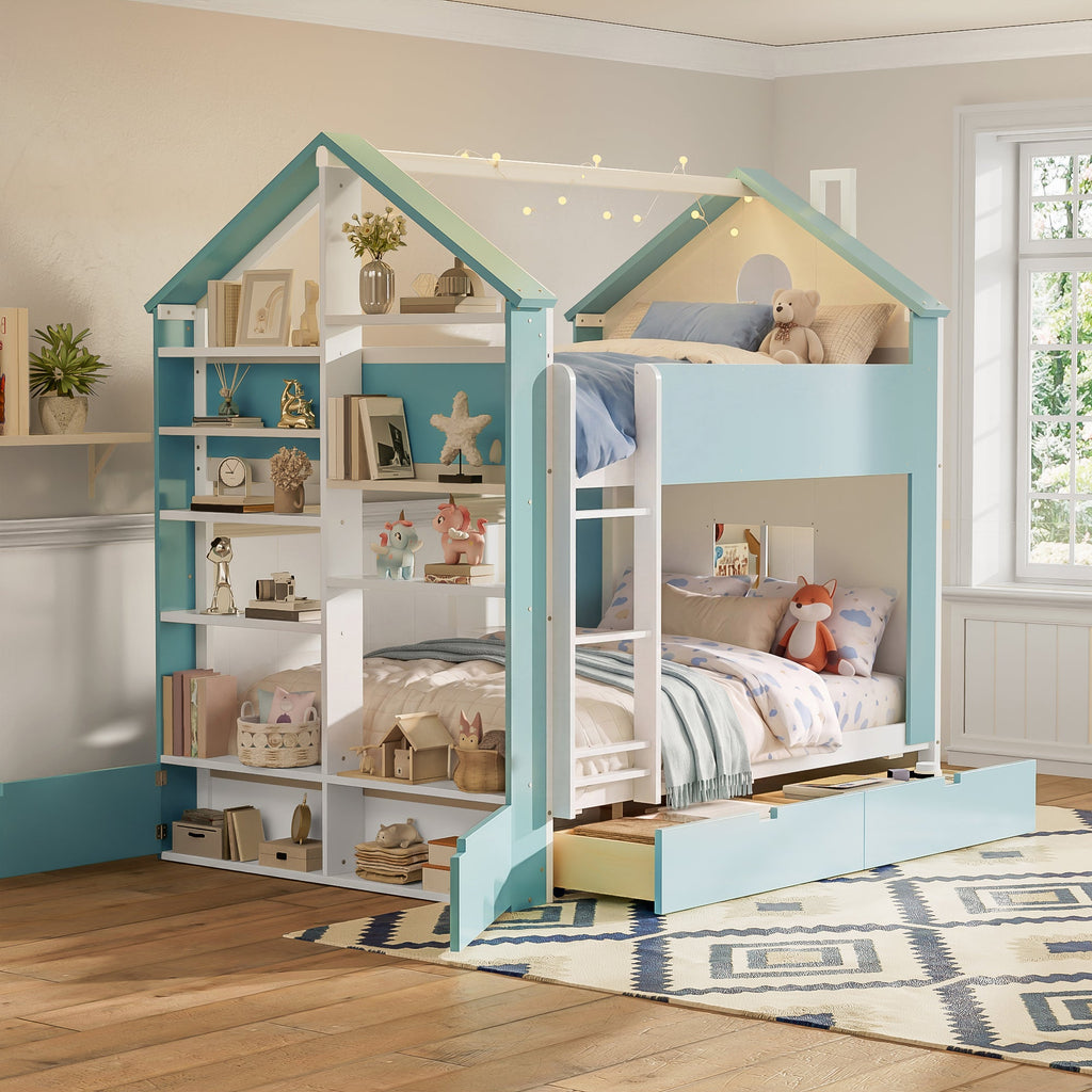 Full Size Bunk Bed with Storage Drawers & Shelves