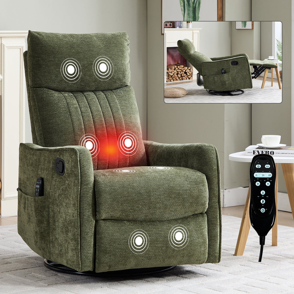 Green Heat Massage Manual Recliner Chair with Swivel and Massage - Chenille HouseOfZazla