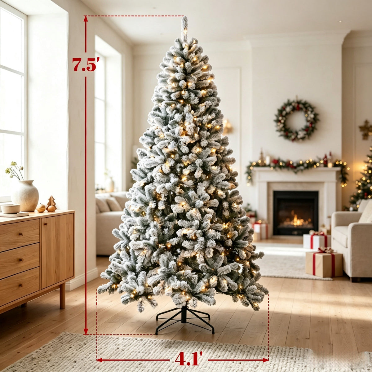 7.5 ft Pre-Lit Flocked Fraser Fir Artificial Christmas Tree with LED Lights - Green/White HouseOfZazla