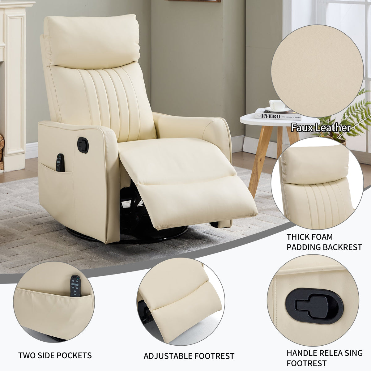 Beige Heat Massage Manual Recliner Chair with Rocker and Swivel - Beige HouseOfZazla