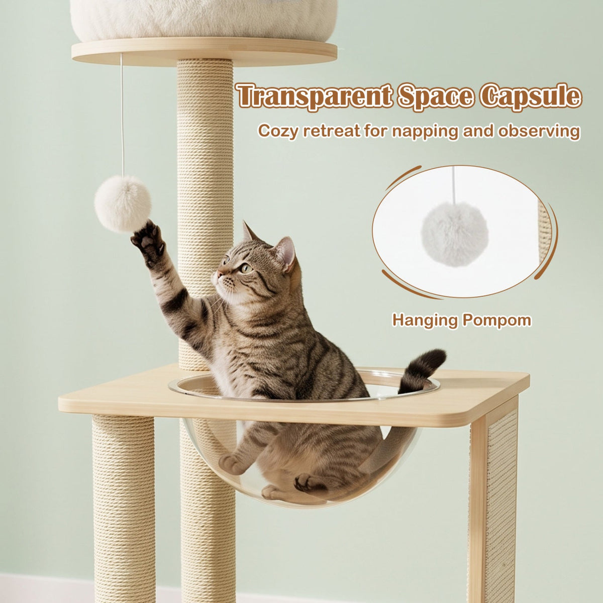 40" Solid Wood Cat Tree with Space Capsule & Sisal Posts