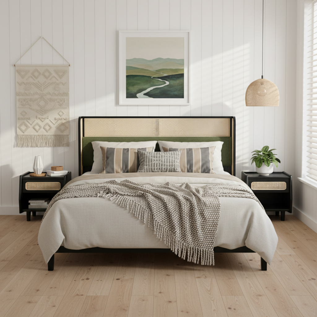 Queen Size Bed Frame with Green Upholstered Headboard