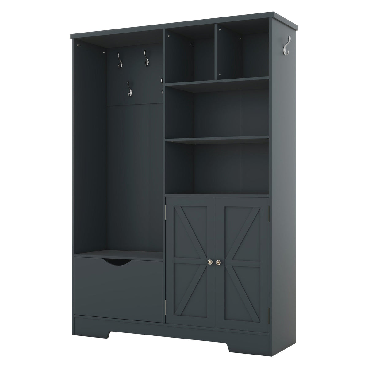 Multi-functional Hall Tree with Storage Shelves Drawers and Cabinet, Elegant Hallway Shoe Cabinet with Bench Antique Blue V.I.P Digital Presence