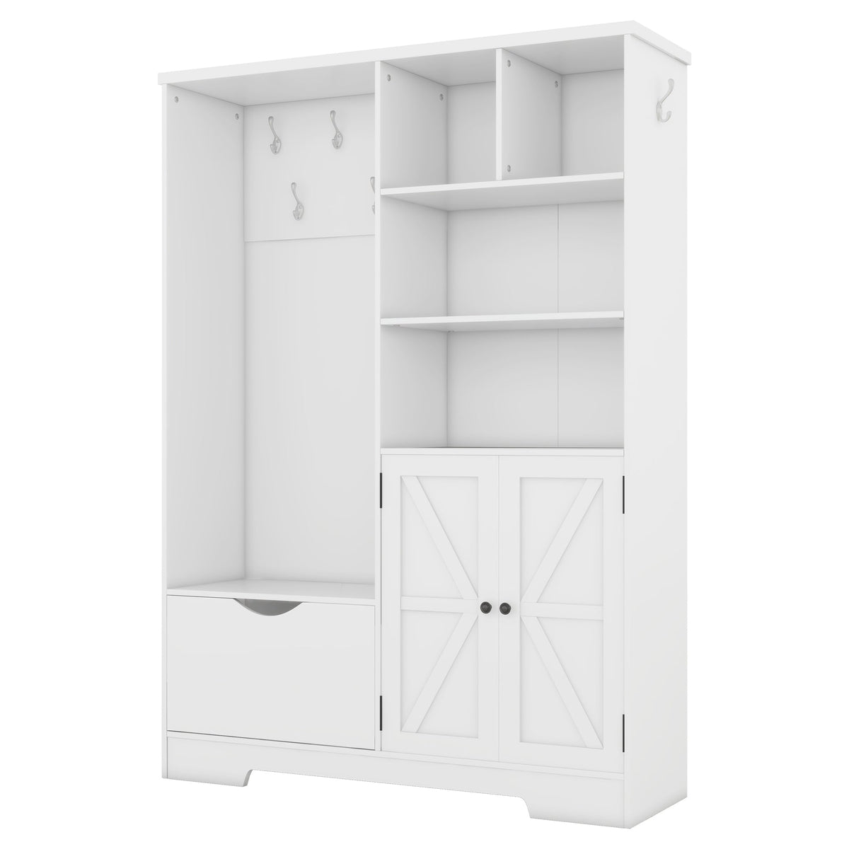 Multi-functional Hall Tree with Storage Shelves Drawers Cabinet Elegant Hallway Shoe Cabinet with Bench Modern Coat Rack White V.I.P Digital Presence