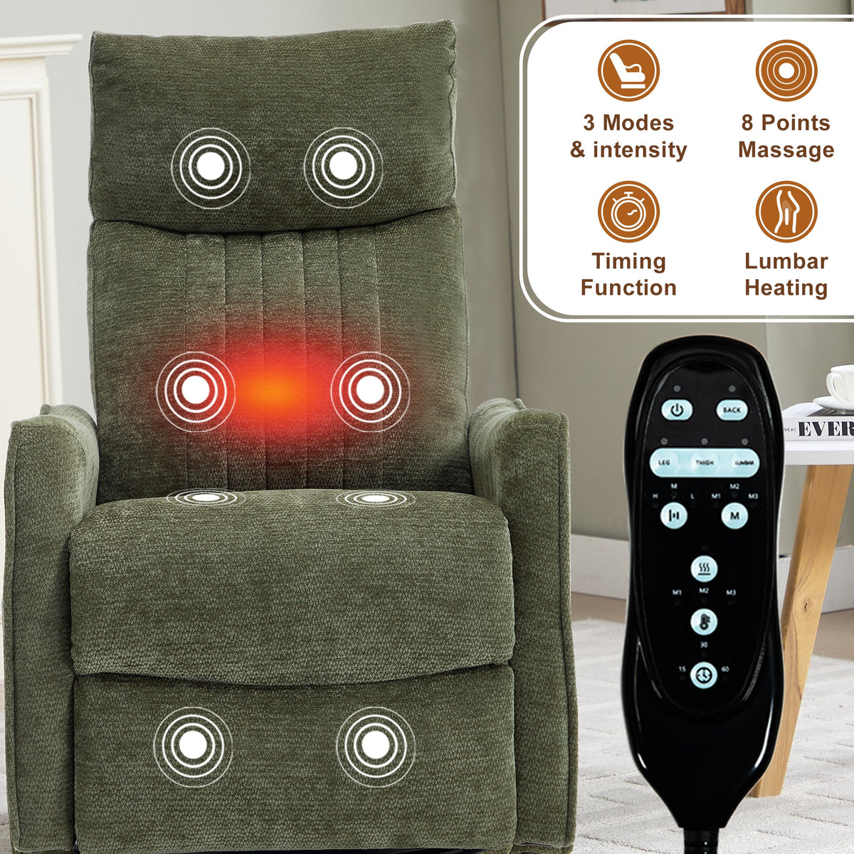 Green Heat Massage Manual Recliner Chair with Swivel and Massage - Chenille HouseOfZazla