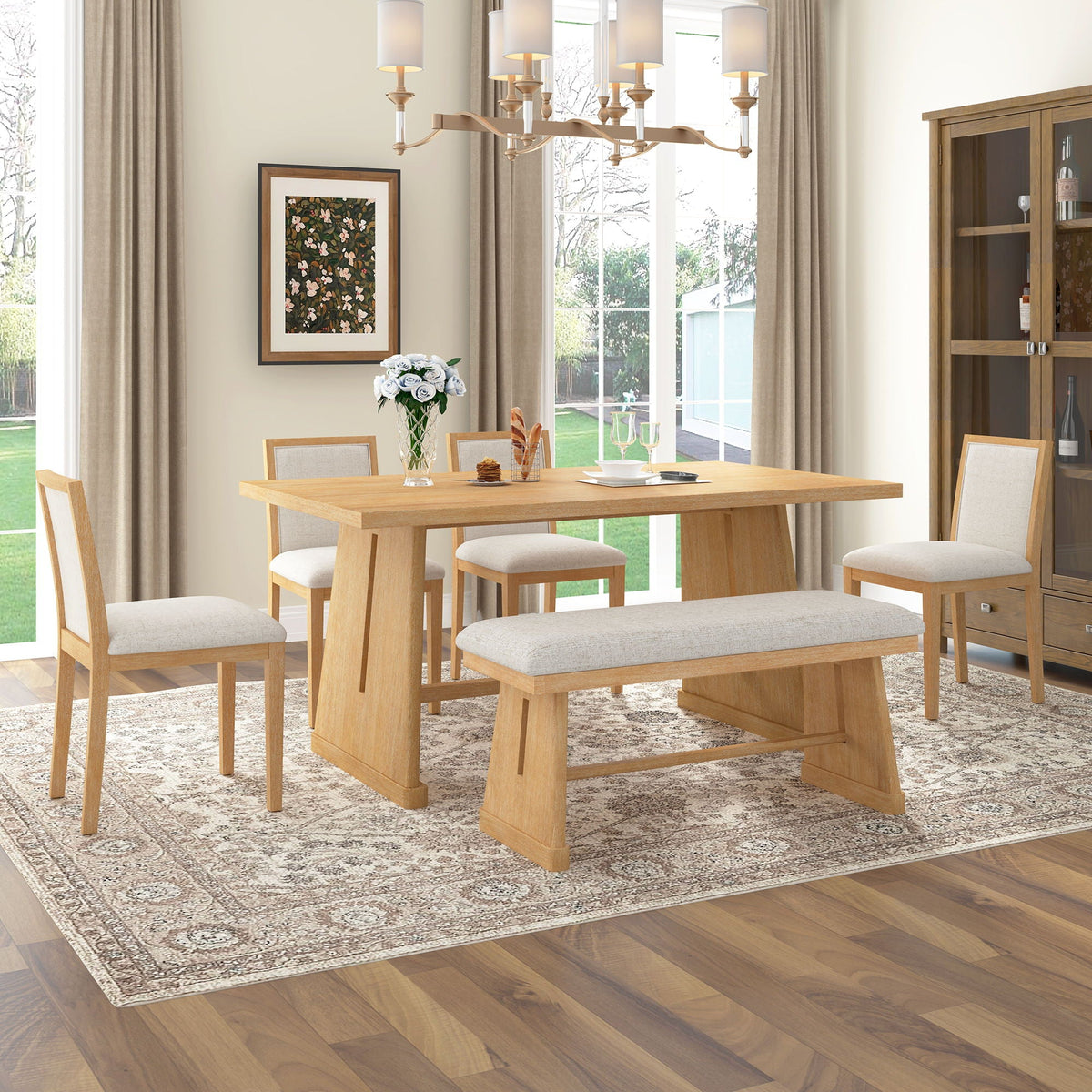 6 Piece Dining Room Set with Upholstered Chairs & Padded Bench - Light or Dark Brown HouseOfZazla