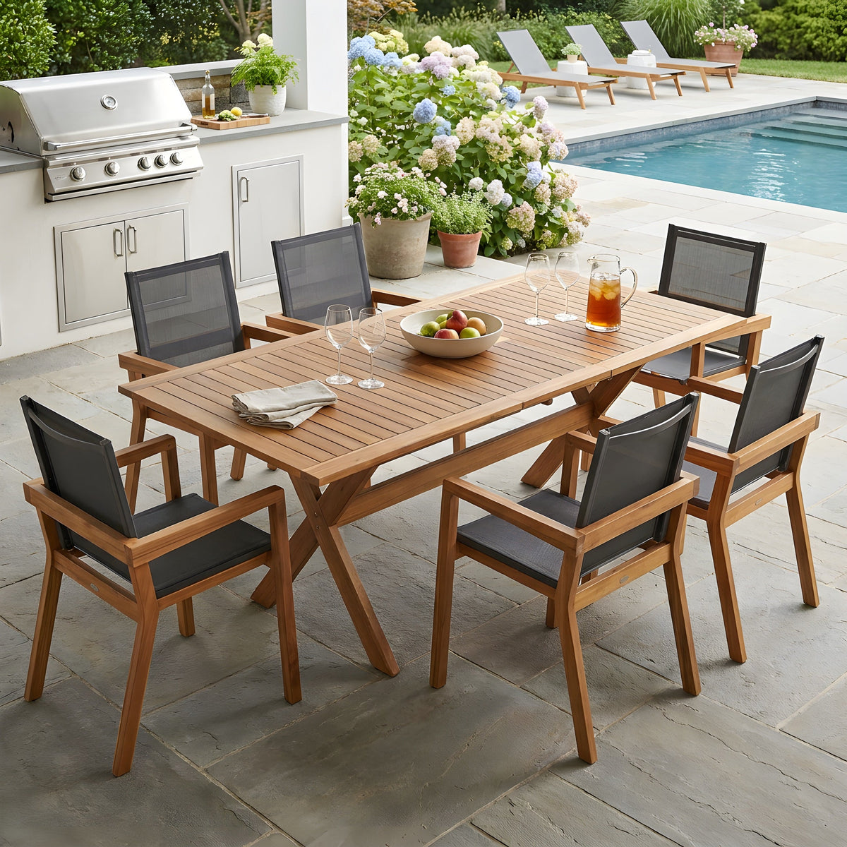 Acacia Wood Outdoor Dining Set 7-Piece with Large Table and 6 Chairs - Teak or Beige HouseOfZazla