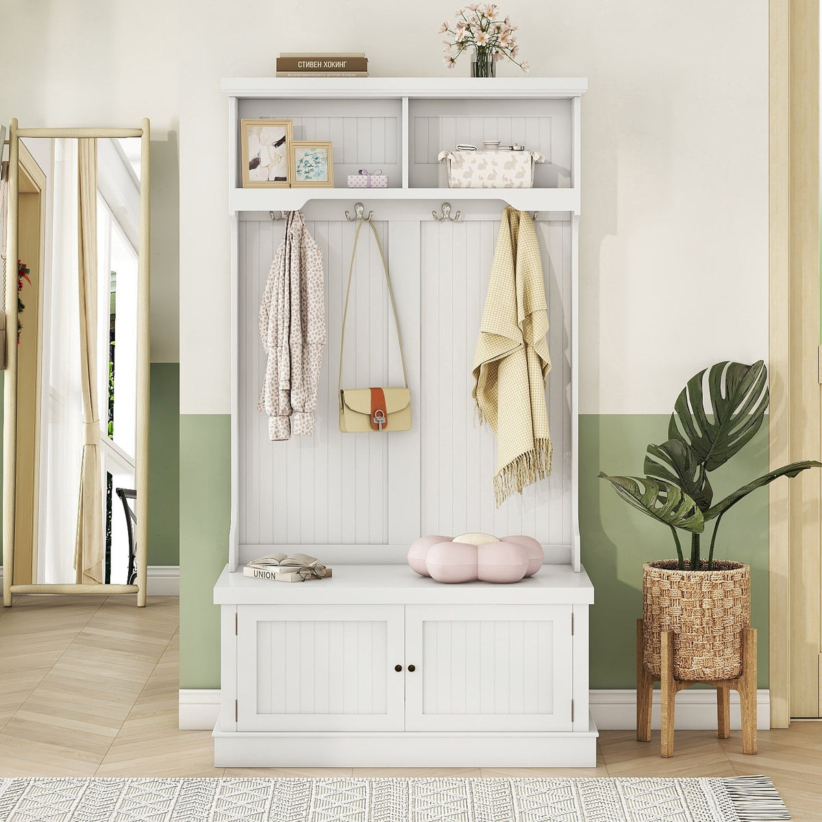 Hall Tree with Storage Shoe Bench for Entryway and Hallway, 4-in-1 Design Coat Racks with 4 Hooks for Living Room, White V.I.P Digital Presence