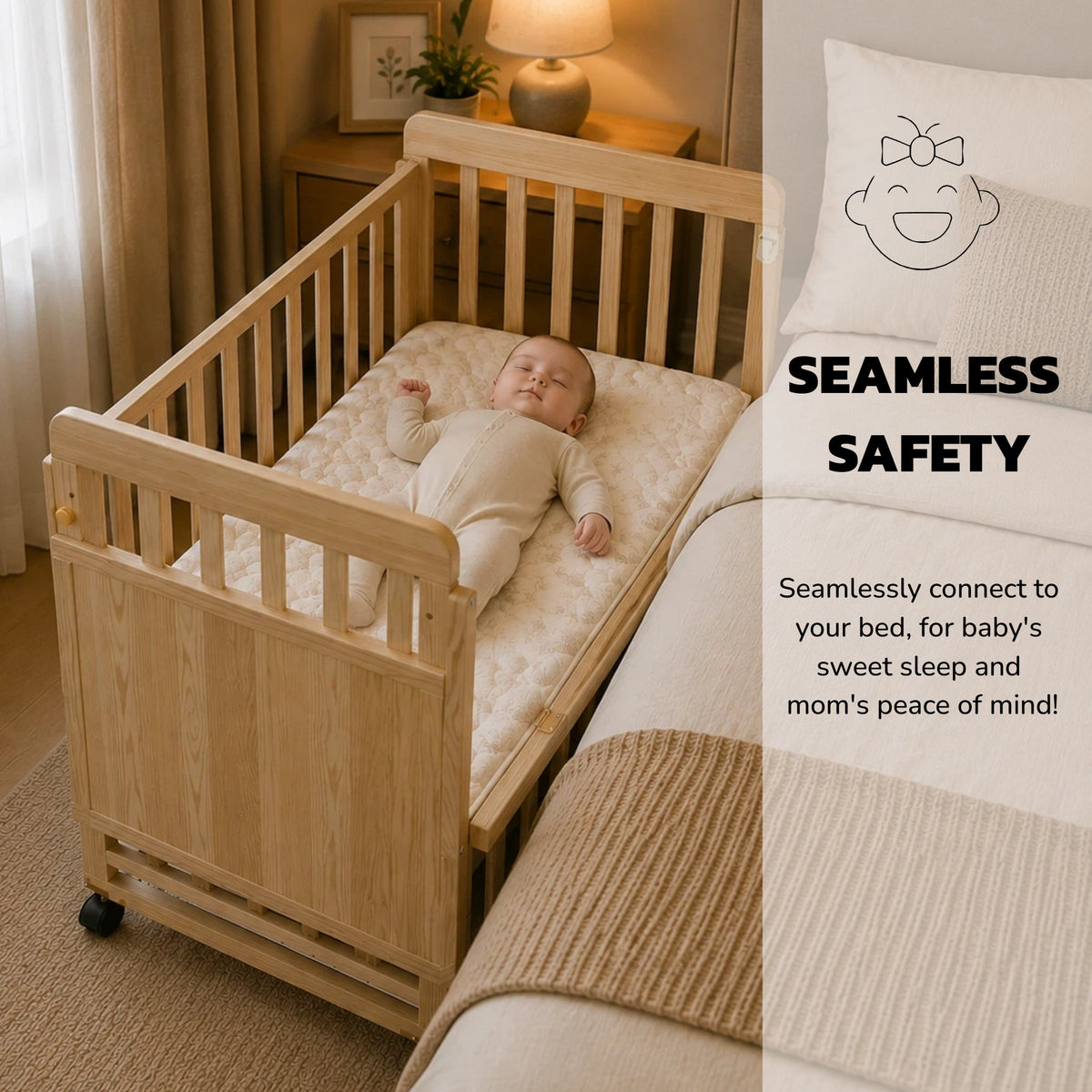 Solid Wood Baby Bassinet with Adjustable Heights & Changing Station - Natural Wood HouseOfZazla