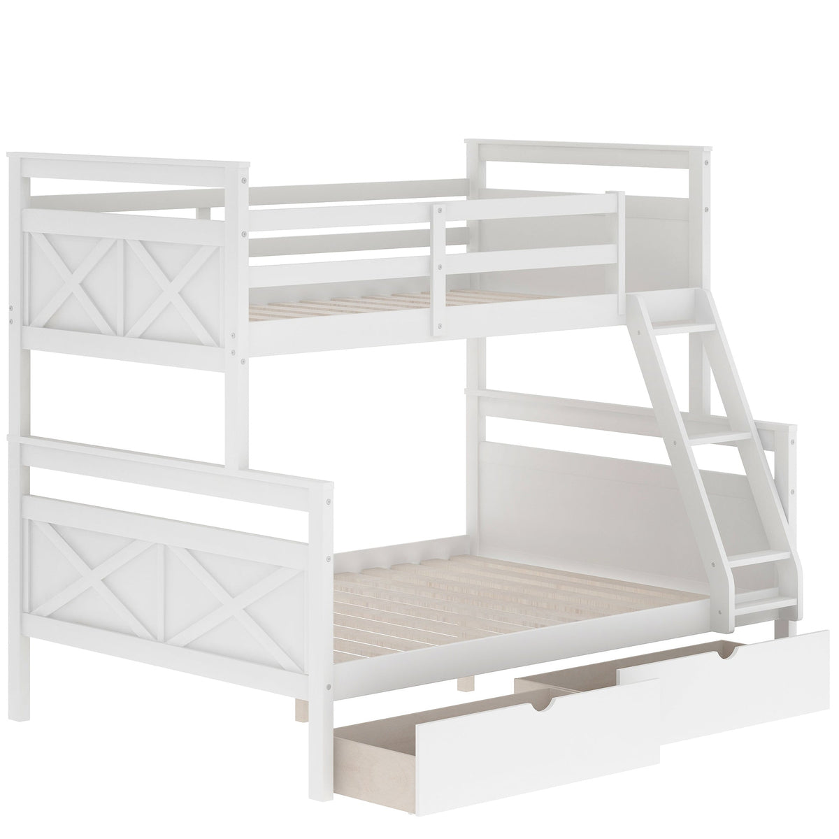Twin over Full Bunk Bed with Ladder, Two Storage Drawers, Safety Guardrail  White V.I.P Digital Presence